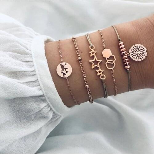 5 Pcs/ Set Women Retro Map Alloy Bead Star Leather Chain Bracelet Set Personality Beads Bracelet Girl Jewelry Gift