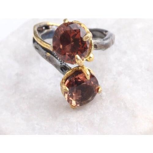 Round Cut Two Sultanite Womens Gold Plated Silver Ring, Woman 925 Silver Sultanite Handmade Ring,color changing