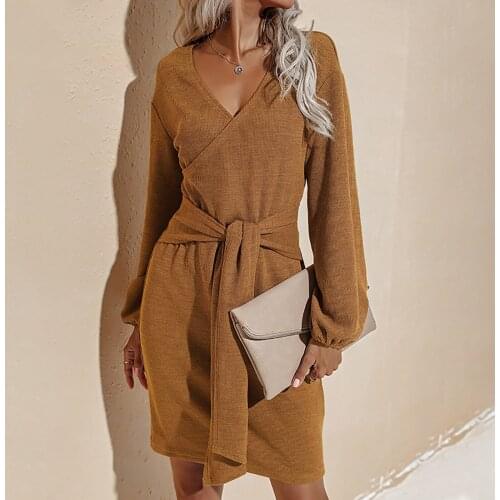 Womens Dress Autumn Fashion Bodycon Long Sleeve Bag Hip V-Neck Tie Solid Color Vestidos Casual Elegant Midi Dress #40