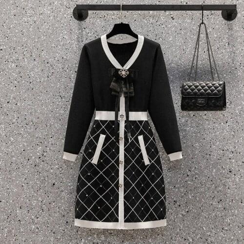 Beaded And Studded Bow V Womens Dress With Knitted Collar And Waistline 2021 Spring New High Quality Top