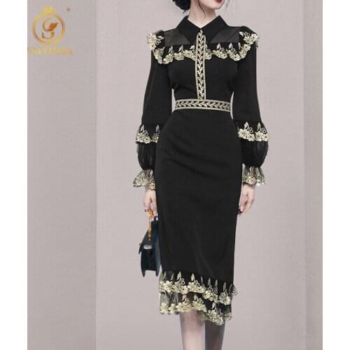 SMTHMA Runway Luxury Mesh Lace Embroidered Dress 2021 Autumn Women Flare Long Sleeve Flower Vintage Ruffles Korea Party Dress