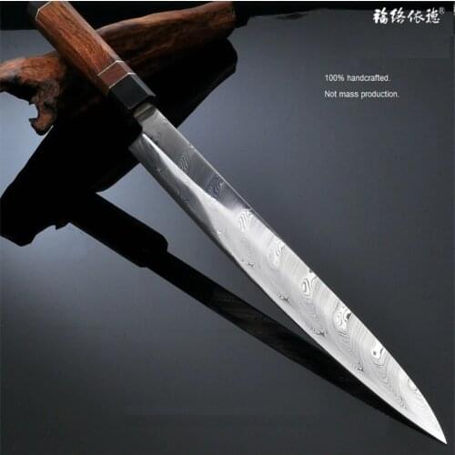 30cm Top Grade Swedish Powder RWL34 Sushi Sashimi Salmon Fish Fillet knife Damascus Natural Pattern Raw wood handle 1W