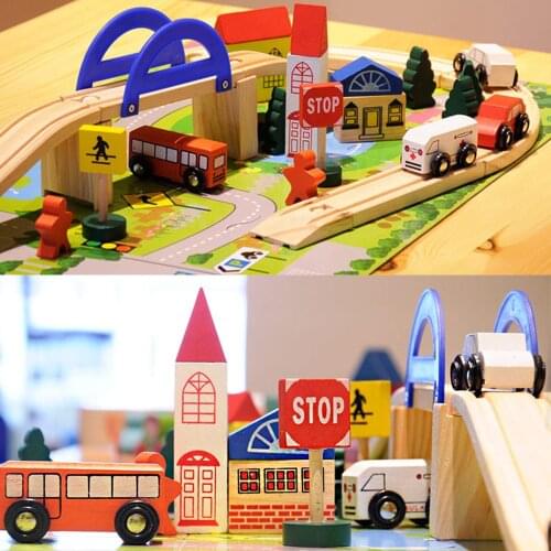 40pcs Wooden Railway Track Toys Urban Racing Track Car DIY Assembly Building Blocks Vehicle Toys for Children Gifts