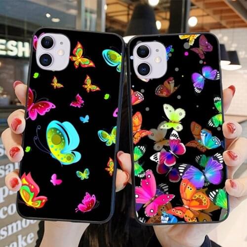 Iphone 12 11 Pro Cute Butterfly Blue Phone Case Iphone XR XSMAX X 7 8 Plus SE2020 Coque Cover Soft TPU Black Phone Case