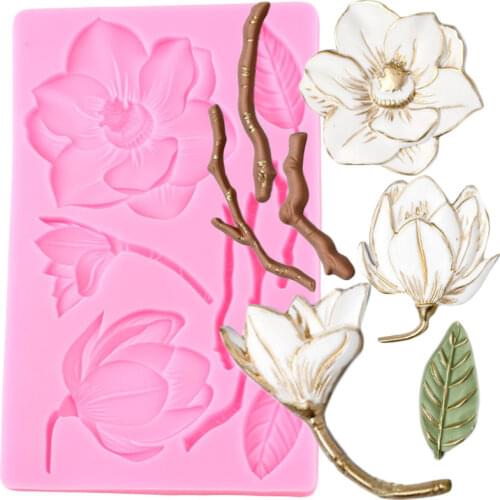 Camellia Flower Silicone Mold Branches Chocolate Fondant Moulds Resin Clay Candy Molds Leaves Cake Border Cake Decorating Tools