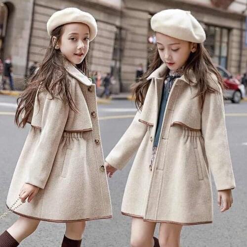 Kids Wool Cashmere Coat for Girls Preppy Style Winter Outdoors Double Breasted Long Windbreaker Thick Coat Wool Outerwear Jacket
