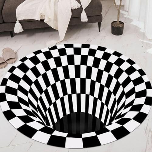 120cm Dia. Black White Grid Carpet 3D Illusion Vortex Floor Mat Area Rug