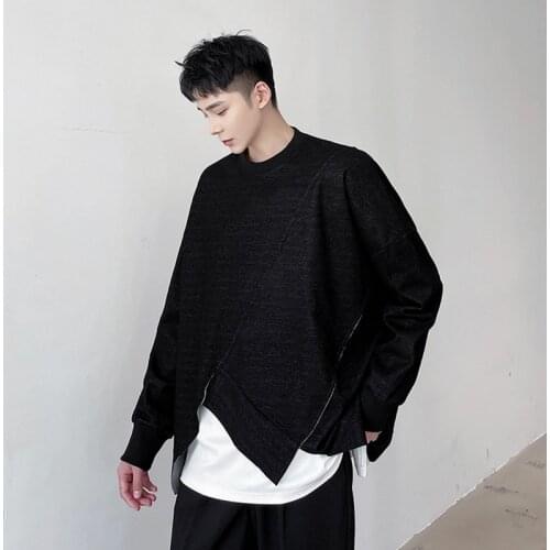 New Original Clothing T Shirt Men Irregular Hem Black Spliced Long Sleeve Tops Tees Man New Spring Fashion Pullovers Streetwear