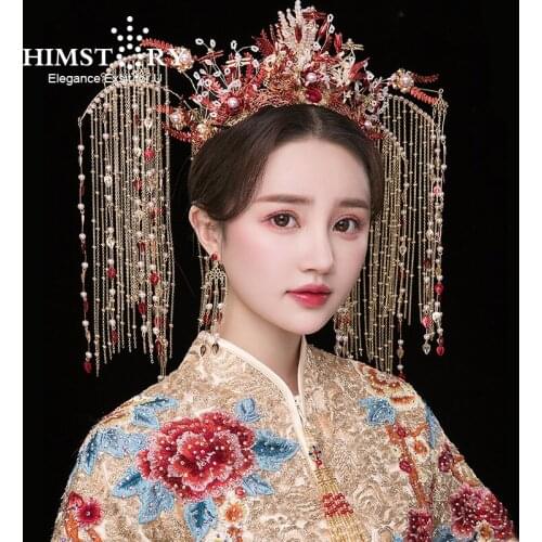 HIMSTORY Traditional Chinese Wedding Bride Gold Queen Crown Red Headpieces Long Tassel Vintage Wedding Tiara Headdress Accessory