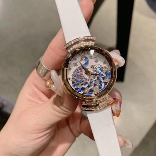 Holy White Women Elegant Princess Peacock Watches Handmade Enamel Phoenix Watch Animal Wrist watch Crystals Leather Montre 3Bar
