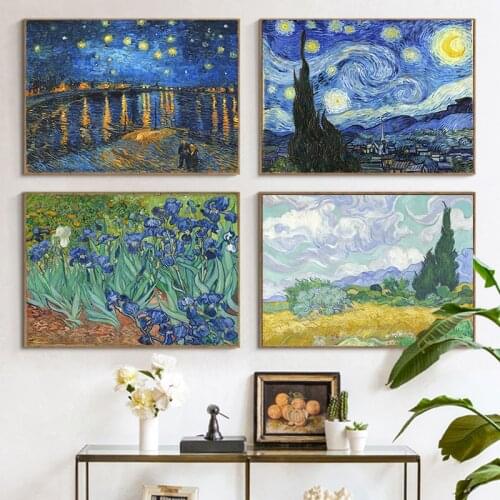 Famous Artist Van Gogh Starry Sky Landscape Oil Painting on Canvas Prints and Poster Modern Art Wall Picture for Home Decoration