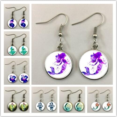 Beautiful mermaid girl gift dream come true round glass cabochon ladies earrings fashion glamour ladies gift earrings