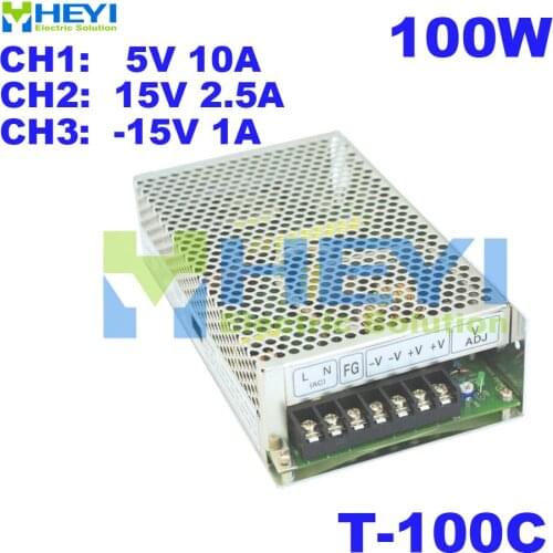 100W mini power supply 3 output 5V 10A, 15V 2.5A, -15V 1A ac to dc T-100C triple switching power supply