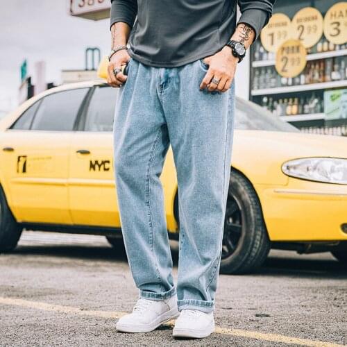 9904 Trendy Plus Size Jean Men Loose Simple Retro Distressed Straight Summer All-Match Streetwear Handsome Boyfriend Denim Pants