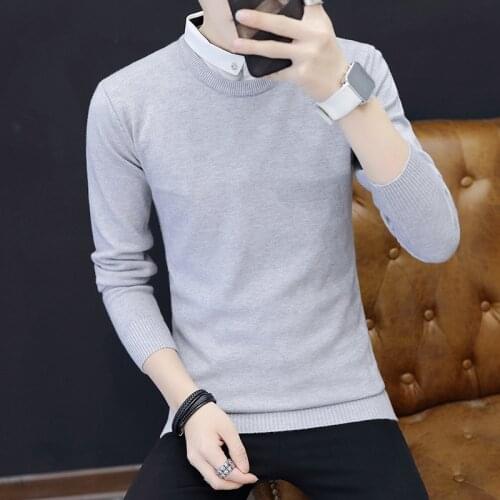 Mens Sweaters Fake Two Pieces Pullover Knitted Preppy Style Men Sweater Thin Clothes Black Pullovers Autumn Mens Sweater Daily