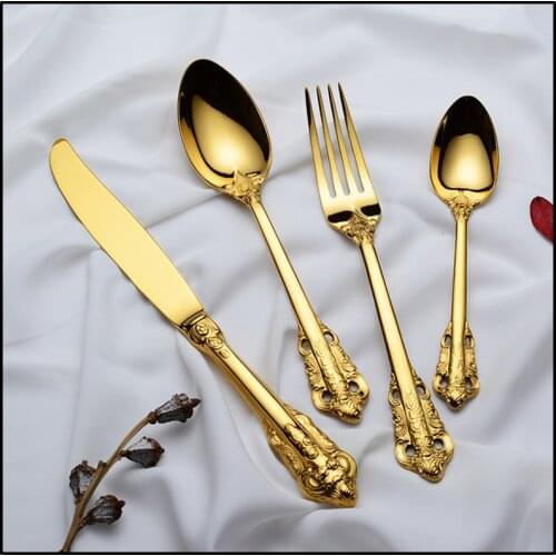 Flatware Set Retro Cutlery Set 1/2/6/12/24 pcs 304 Stainless Steel Golden Metal Knife Fork Dinner Western Wedding Silverware