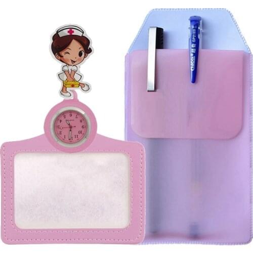 NEW 2 in 1 cartoon nurse Retractable Badge Reel pocket watches Pen Bags ladies women doctor mens name cards hang quartz watches