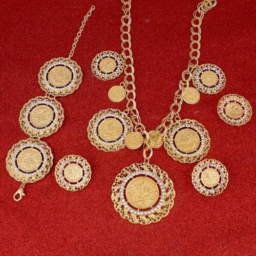 Dubai New Gold Turkey Antique Coins Stamps Ethiopian African Women Fashion Jewelry Set