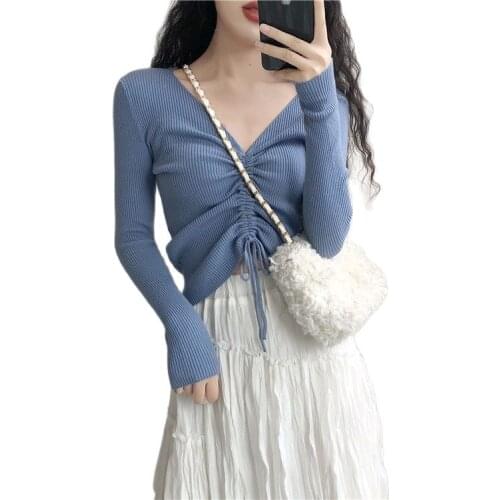 V-neck Drawstring Long Sleeve Sweater Womens Crop Top Women Computer Knitted Pullovers