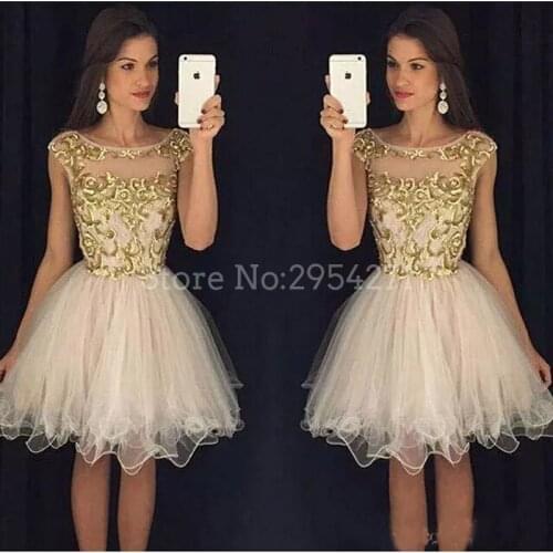 Champagne Homecoming Dresses A Line Scoop Knee Length Gold Lace Junior High Graduation Dresses Organza 2019 Custom Made