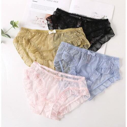 Sexy Hollow Transparent Thin Women Underwear Dot Print Ruffle Cute Lovely Mesh Girl Panties Low Waist Breathable Female Breifs