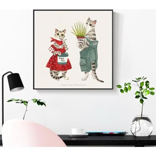 Nordic Cartoon Lovely Cat Picnic Minimalist Fashion Poster Canvas Painting Kawaii Cartoon Wall Picture Print Kids Room Decor