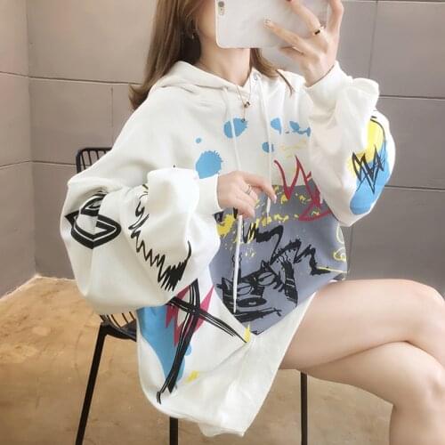 Women Plus Size Print Hooded Sweatshirts Spring Autumn Harajuku Hip Hop Loose Korean Hoodies Street Style Female Tops Ropa Mujer