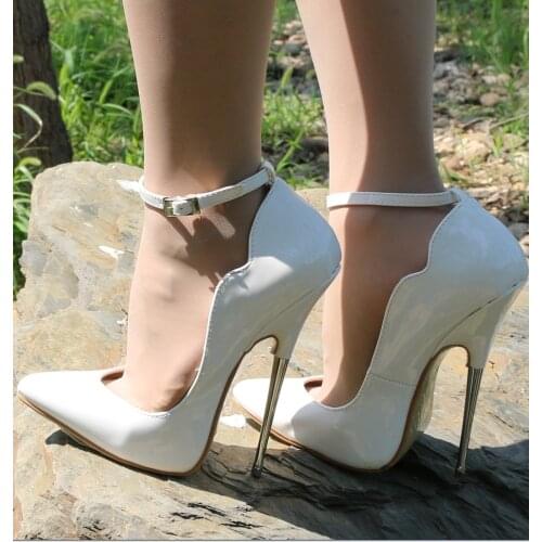 16cm Women Wave Stilettos Buckle Pointy Toe Super High Steel Heel Stilettos Patent Leather Nightclub Shoes Sexy White New