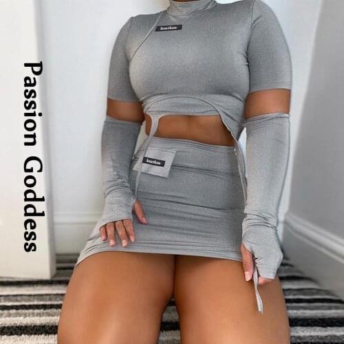 Women 2 Piece Skirt Irregular Suits High Fashion Gray Outfits Asymmetrical Cropped Shirt High Waist Bodycon Skirt Two Piece Sets