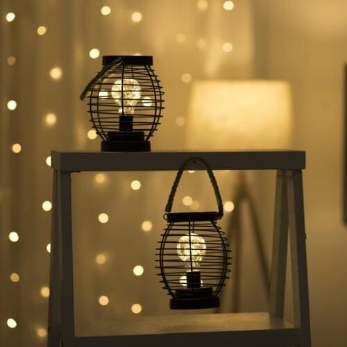 1Pc Creative LED Iron Lantern Night Light Portable Battery Powered Table Lamp Home Festive Decor