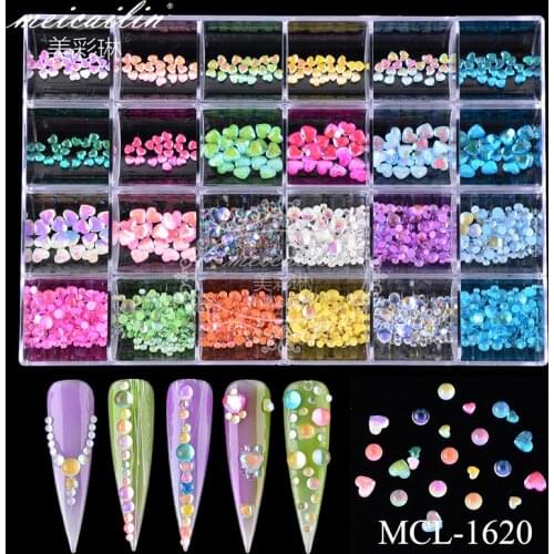 24 Grid Nails Crystal Mermaid Beads 2280 Mixed Shapes Glass Rhinestone Diamond Flat Back Heart for Manicure Decorations Tool Box