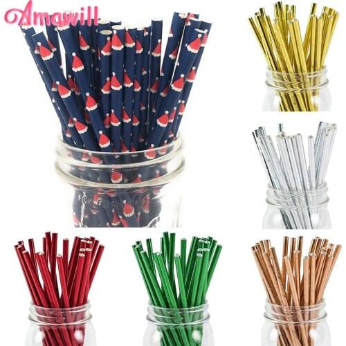 Amawill 25pcs Christmas Hat Pattern Paper Straws New Year Party Red&Green Drinking Straw For Xmas Table Decoration Noel 75D