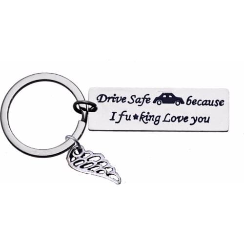 12PC/Lot Engraved Drive Safe Because I Love You Keychain Angel Wing Charms Keyring Driver Boyfriend Husband Gift Key Ring Holder
