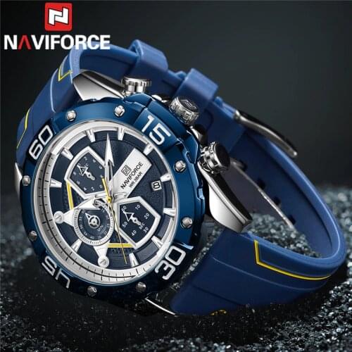 NAVIFORCE Classic Men Watch Sport Man Wristwatch Top Brand Luxury Military Chronograph Date Blue Rubber Quartz Male Clock 8018