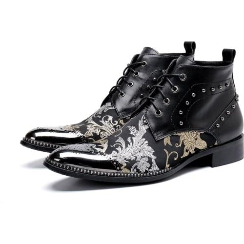 Christia Bella Printing Men Shoes Genuine Leather Boots New Fashion Metal Round Toe Boots Large Size Zipper Ankle Boots