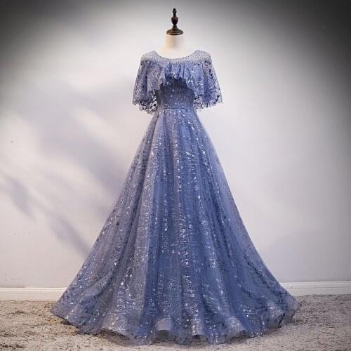 Blue Tulle Evening Dresses Vintage Short Sleeve O-Neck Shiny Sequin Mesh Beading Banquet Wedding Formal Guest Prom Party Gowns
