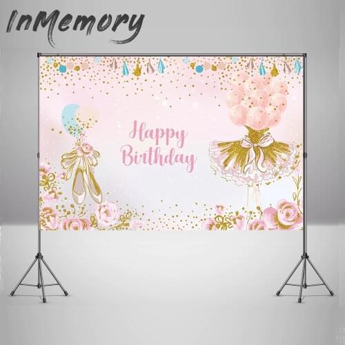 Pink Floral Gold Glitter Ballerina Birthday Backdrop Photo Studio BalloonsTutu Skirt Girl Baby Shower Photography Background