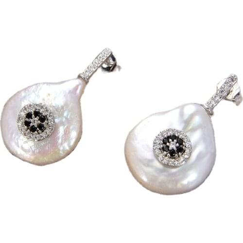 GG Jewelry 14MM White Coin Keshi Pearl Earrings Cz Pave Stud