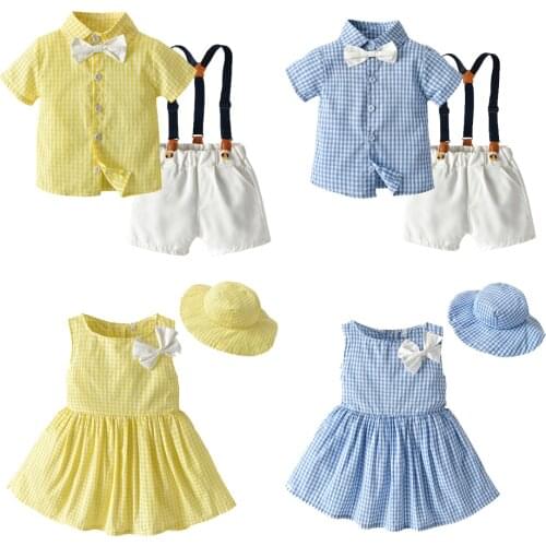 Family Plaid Brother and Sister Kids Matching Outfits Boys Gentleman Suit+Princess Girls Tutu Dress Sets Children Clothes