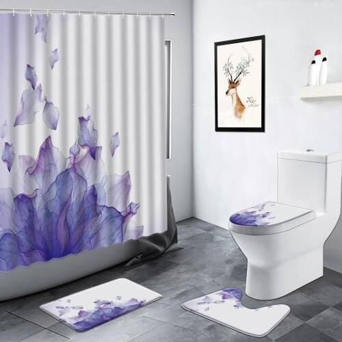 Creative Floral Purple Petal Shower Curtain Abstract Art Rose Flowers WC Carpet Bath Mat Non-slip Toilet Mats Bathroom Decor Set