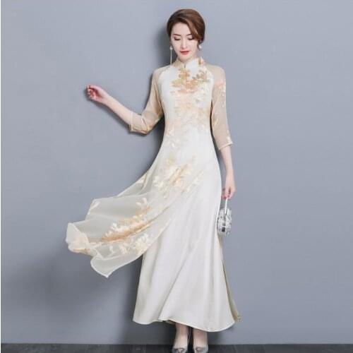 Spring Summer Women Printing vietnam ao dai Retro Chinese Traditional Dress Lace