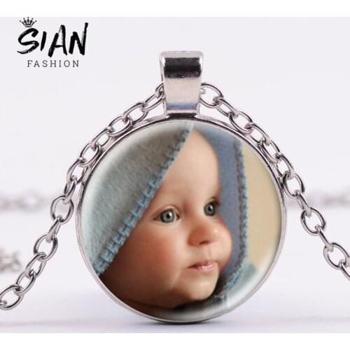 SIAN Hot Personalized Photo Custom Necklace Mother Baby Photo/Name/Logo/Couple Gift Glass Pendant Long Chain Customized Jewelry