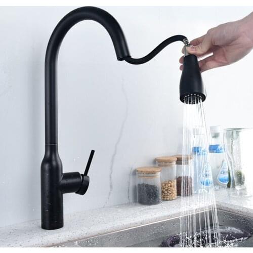Matte Black Kitchen Faucet Pull Out Shower Head Sink Kitchen Faucet Single Handle Faucet 360 Degree Rotating Cold Hot Mixer Tap