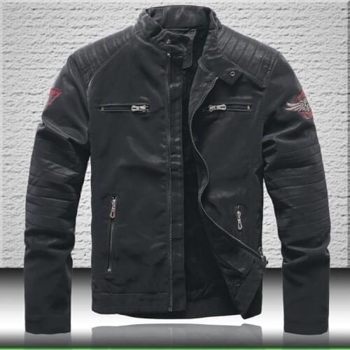Mens leather jacket coat 2021 mens motorcycle leather jacket embroidery winter thick coat quality mens casual black