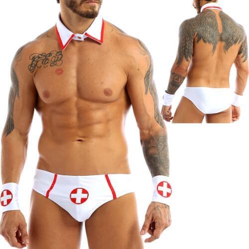 Mens Doctor Nurse Cosplay Costumes Role Play Erotic Uniform Outfit Set Briefs with Collar and Red Cross Cuff Clubwear Costumes
