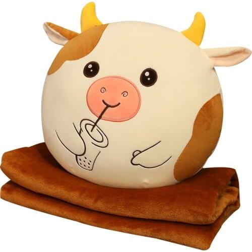 Kawaii Bubble Tea Cattle Soft Pillow with Blanket Stuffed Round Milk Cow Plush Toys Cartoon Animal Doll Sleep Cushion Kids Gift
