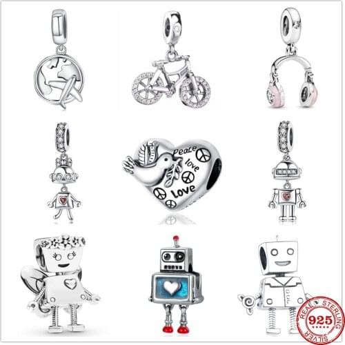 New 925 Sterling Silver Robot Peace Airplane Headphone Bicycle Beads Fit Original Charms Pandora Bracelet Bead Jewelry making