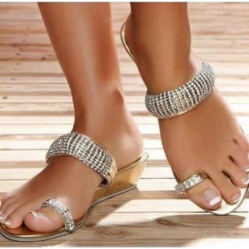 Original Intention Gorgeous Women Sandals Open Toe Flat Sandals Gold Slip On Sandals Rhinestone Shoes Woman Plus Size 4-15