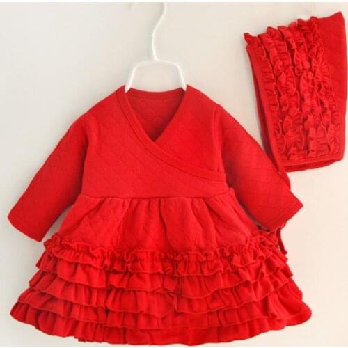 Autumn Winter Baby Girls Dress for Christening Infant Toddler Thickened Dress and Hat Birthday Long Sleeve Christmas Dresses Set