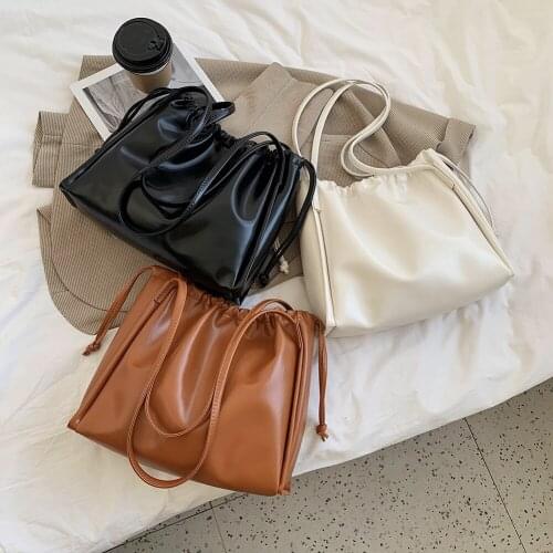 Daily Female Solid Color Handbag PU Leather Drawstring Underarm Bag Shoulder Lady Dressing Ornament for Phone Lipstick